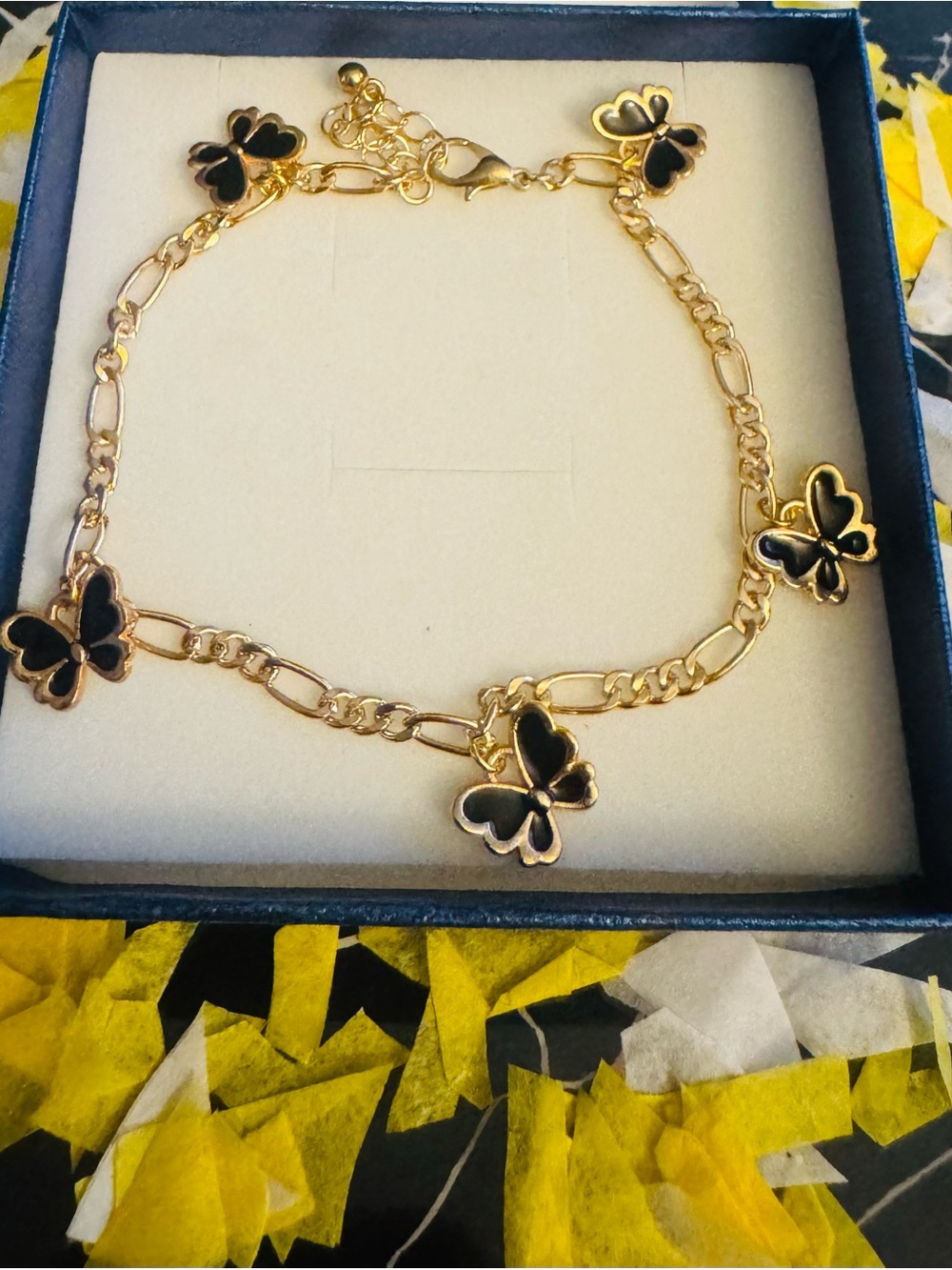 Gold Butterfly Link Bracelet with Black Accents